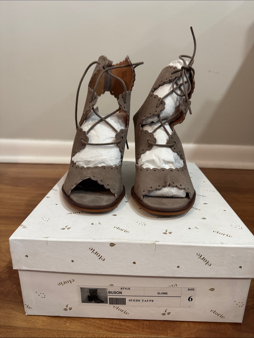 Taupe Suede Lace-Up Scalloped Heels
